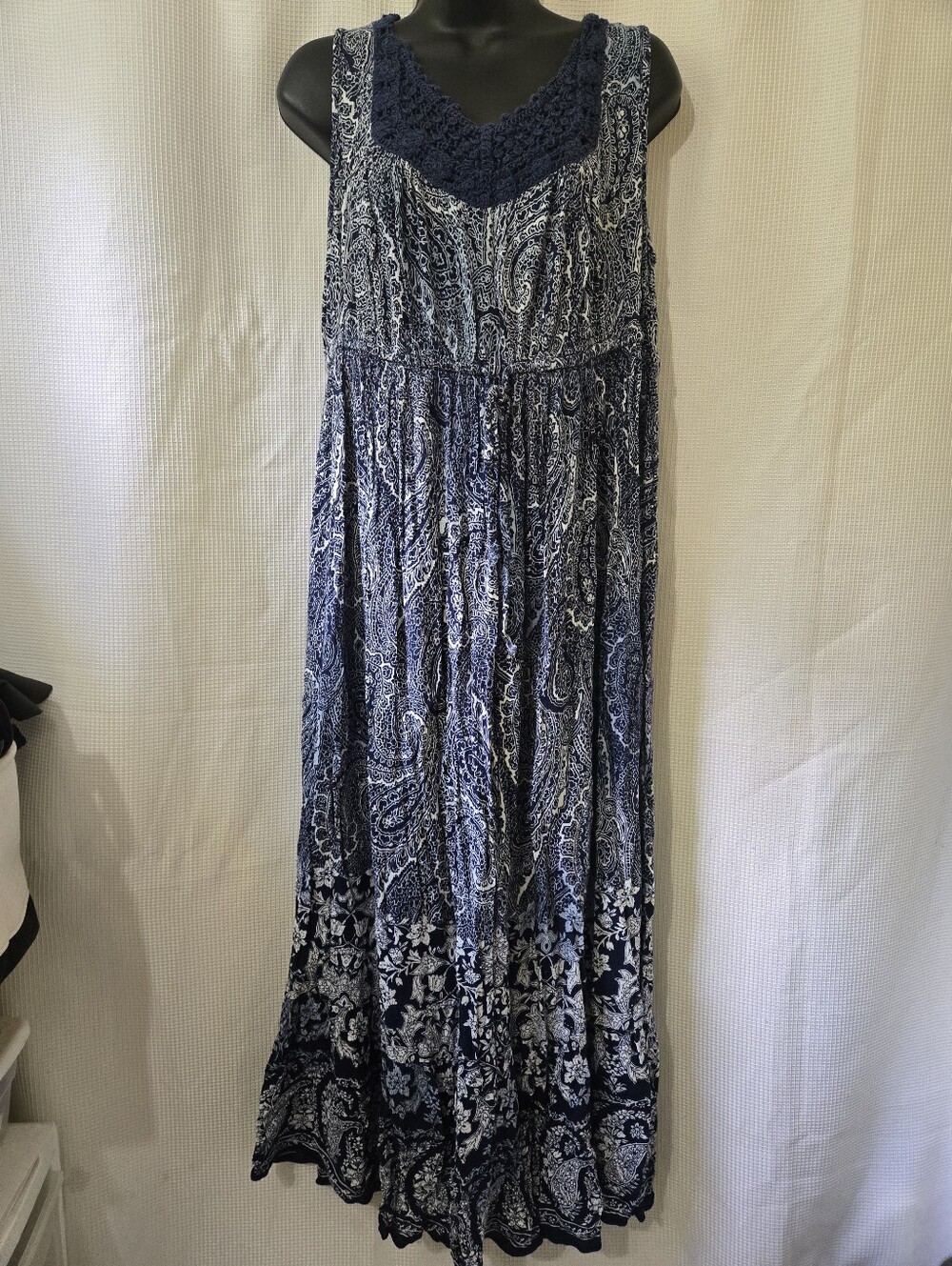 Billabong Navy and White Paisley Crochet-Trim Maxi Dress